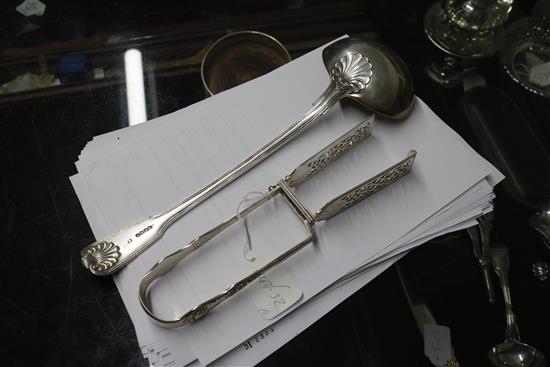 An early Victorian silver fiddle, thread and shell pattern soup ladle, William Eaton, London, 1839 & asparagus servers.